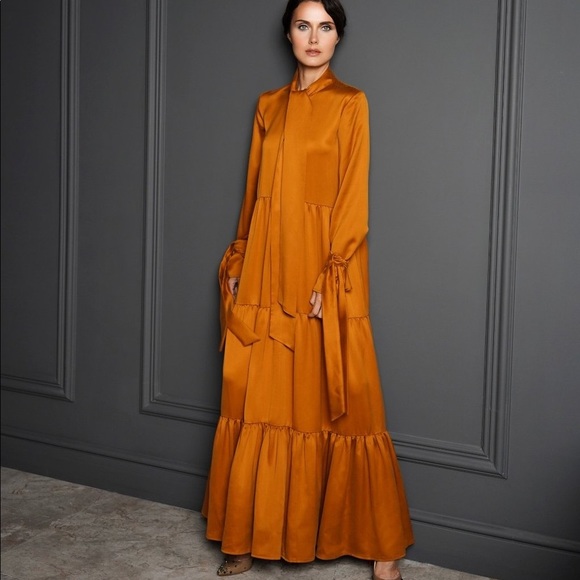 Bluzat Dresses & Skirts - Elegant Long-Sleeve Maxi Dress with Tie Neck in Burnt Orange
